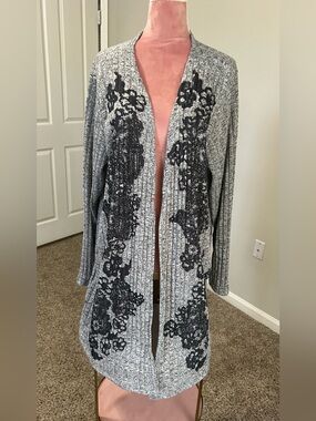 Vocal Gray Open-Front Knit Cardigan with Black Floral Detail